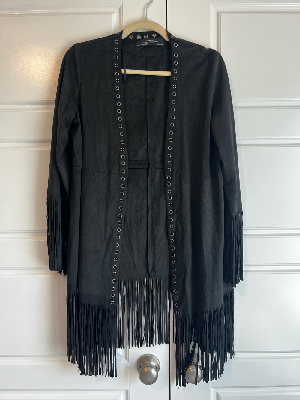 Zara Black Suede Cardigan Jacket With Fringe Details and Grommet Trim Sz S